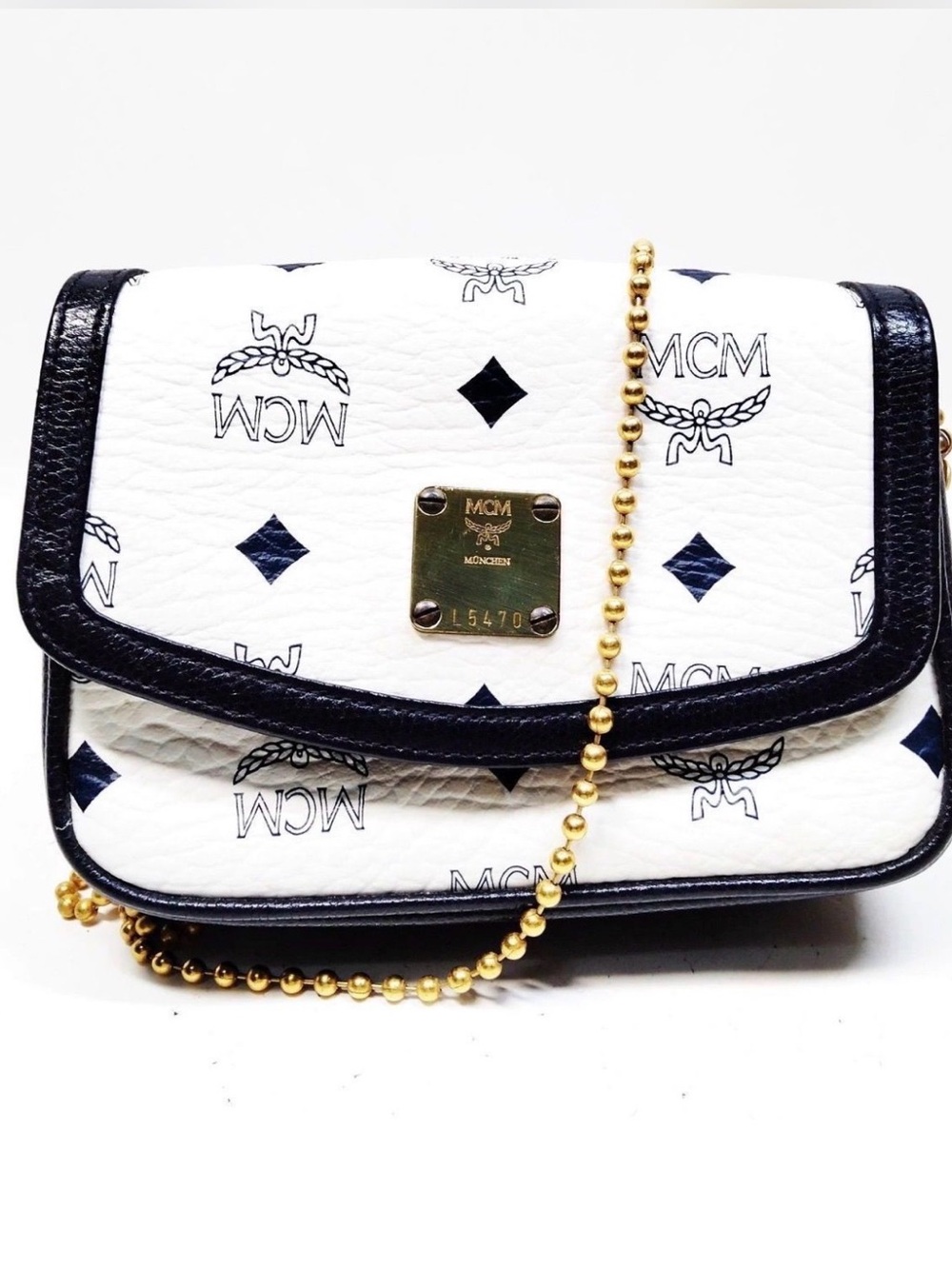 MCM White Logo Crossbody with Gold Chain